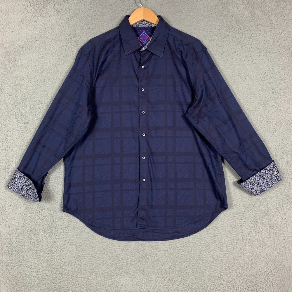 Robert Graham Button Up Shirt Men's 2XL Navy Long Sleeve Plaid Cotton Textured